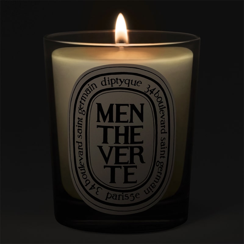 Diptyque Menthe Verte (Garden Mint) Candle - candle shown lit
