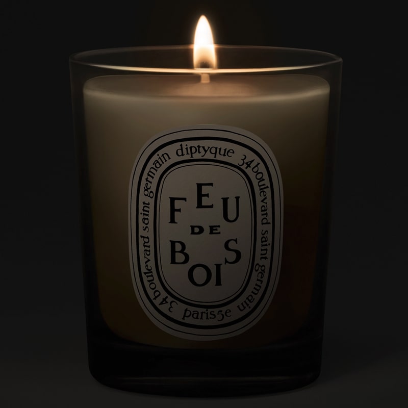 Diptyque Feu de Bois (Firewood) Candle lit candle shown