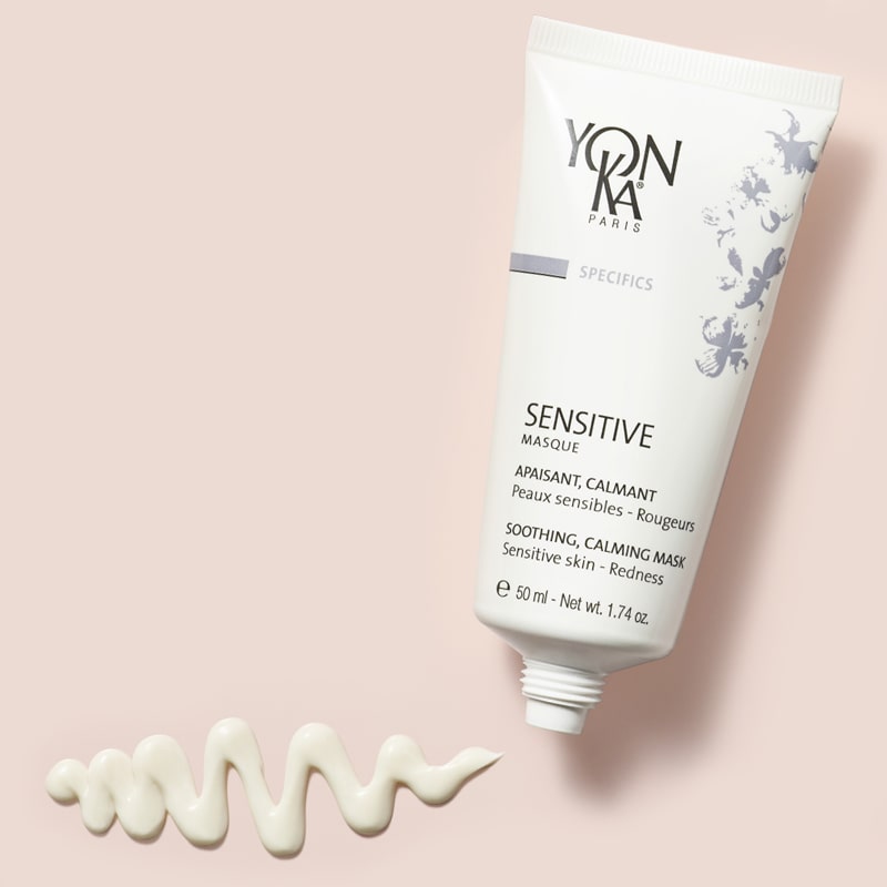 Yon-Ka Paris Sensitive Mask (50 ml) opened shown top view with product smear to show color and texture