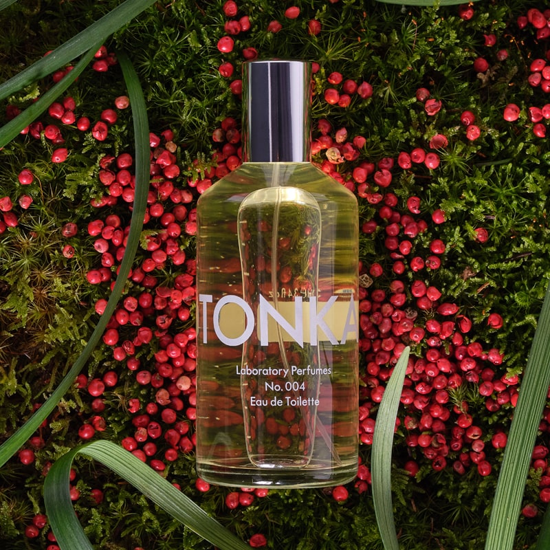 Lifestyle shot top view of Laboratory Perfumes Tonka Eau de Toilette on grass with pink berries in the background