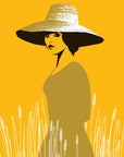 Illustration of woman in wheat field wearing a straw large brimmed hat