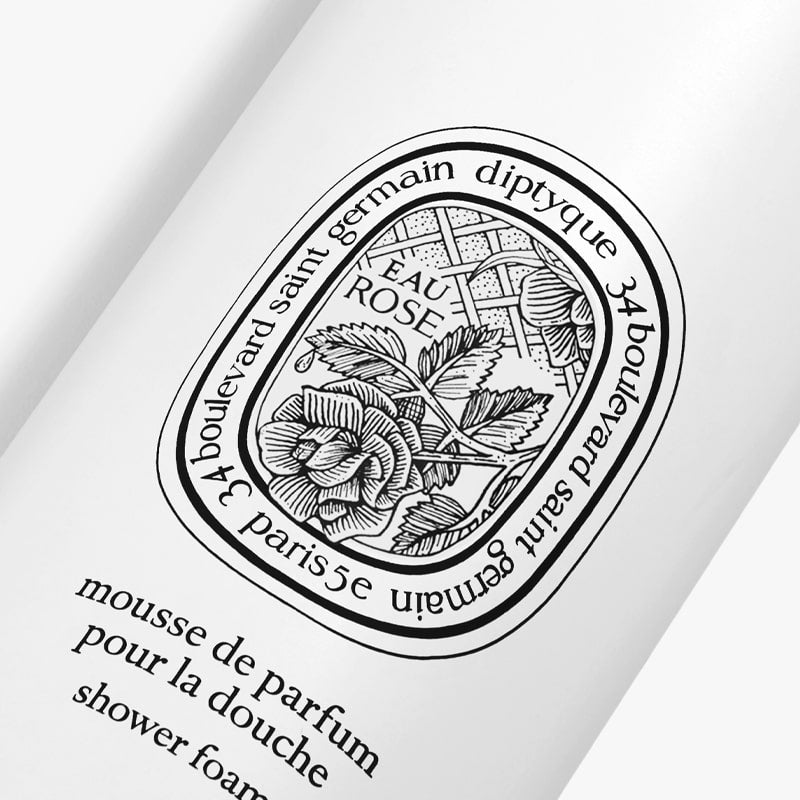 Diptyque Eau Rose Shower Foam - close up of label and logo