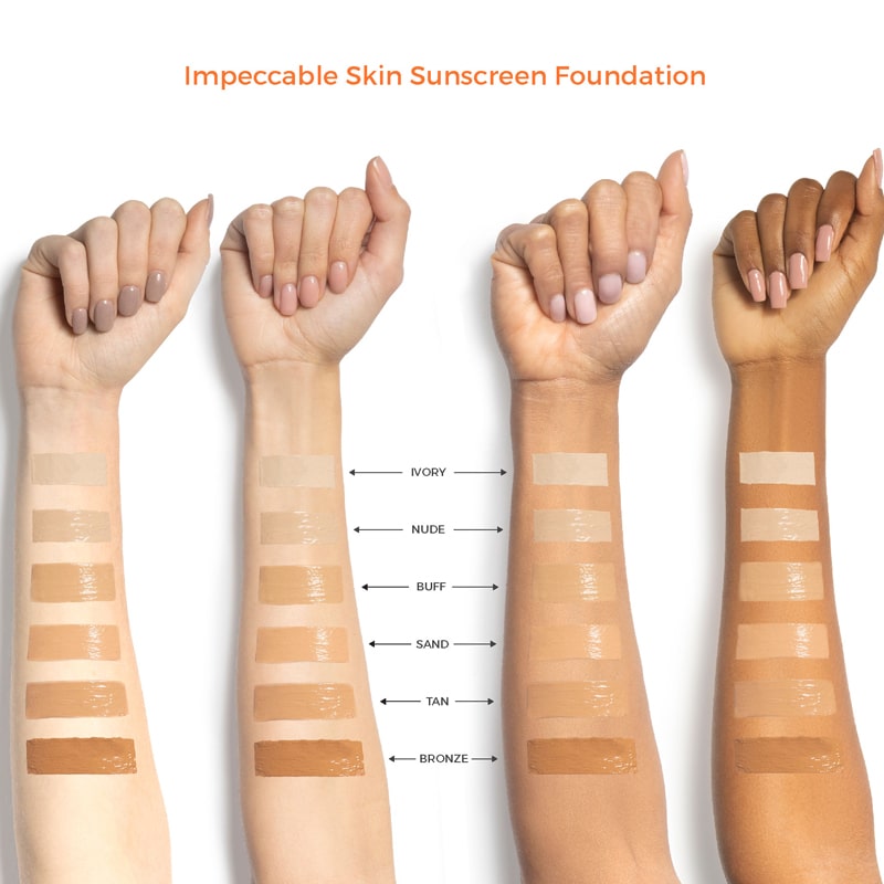 Suntegrity Skincare Impeccable Skin SPF 30 colors shown one forearms of models with various skin tones