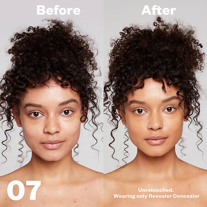 Kosas Cosmetics Revealer Concealer Super Creamy + Brightening (Tone 07) before after on woman&#39;s face