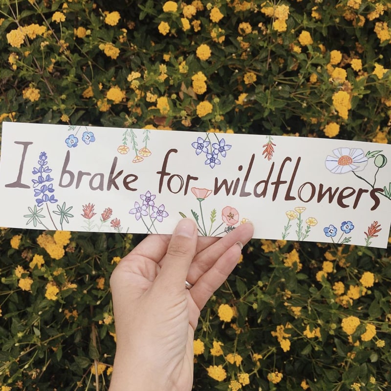 Zoomed in lifestyle shot of model holding Maria Schoettler &quot;I brake for wildflowers&quot; Bummer Sticker with yellow flowers in the background