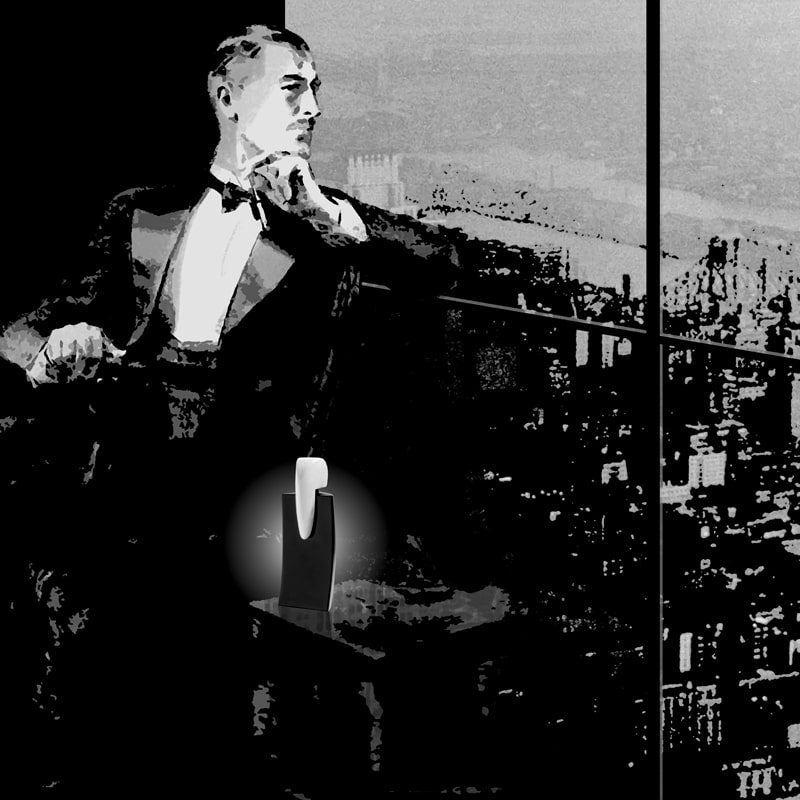Illustration of gentleman wearing tuxedo and looking out from high rise building with cityscape below and Lubin Upper Ten Eau de Parfum bottle sitting on small table next to him