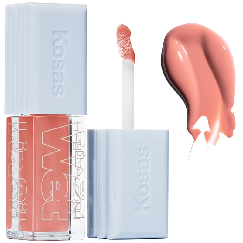 Kosas Cosmetics Wet Lip Oil Gloss - Revealed (4.6 ml) showing spreading wand and product swatch