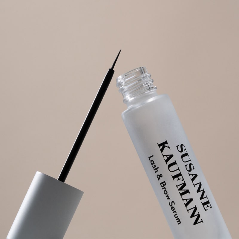 Susanne Kaufmann Lash &amp; Brow Serum (5 ml) shown open with wand showing brush tip