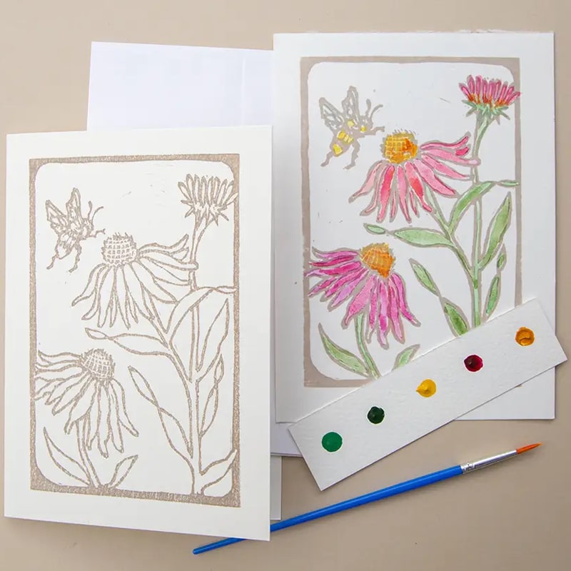Ashes &amp; Arbor Cone Flower &amp; Bee Watercolor Art Card Kit - Product shown with paint brush