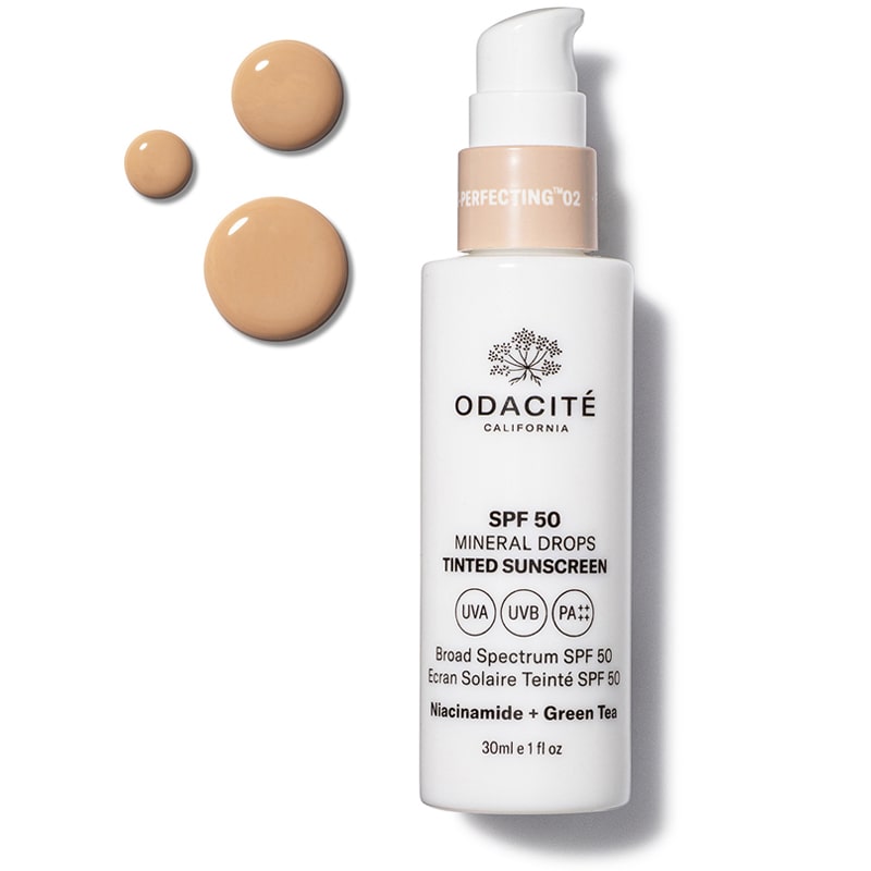 Odacite SPF 50 Flex-Perfecting™ Mineral Drops Tinted Sunscreen - TWO - Product shown next to product droplets showing color and texture