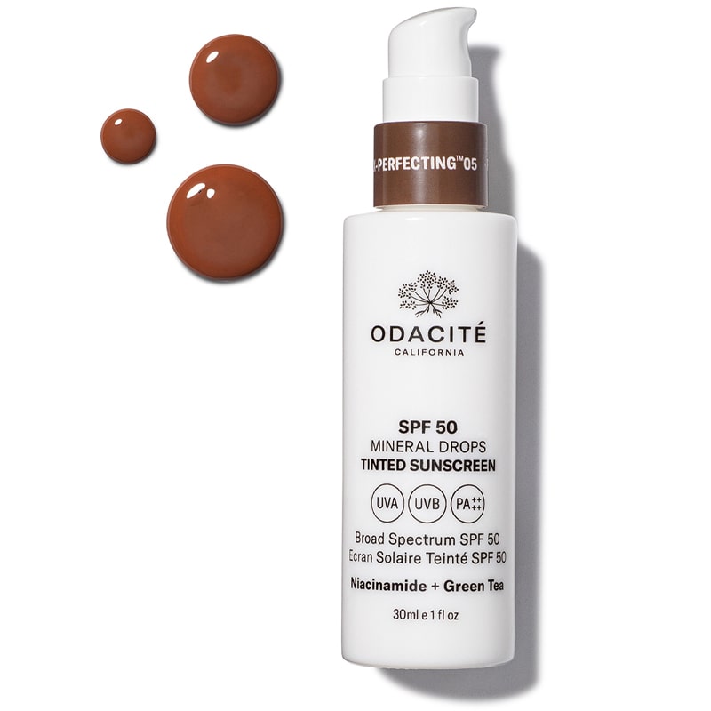 Odacite SPF 50 Flex-Perfecting™ Mineral Drops Tinted Sunscreen - FIVE - Product shown next to droplets showing color and texture