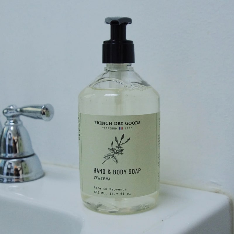 French Dry Goods Hand &amp; Body Soap – Verbena - Product displayed on bathroom sink