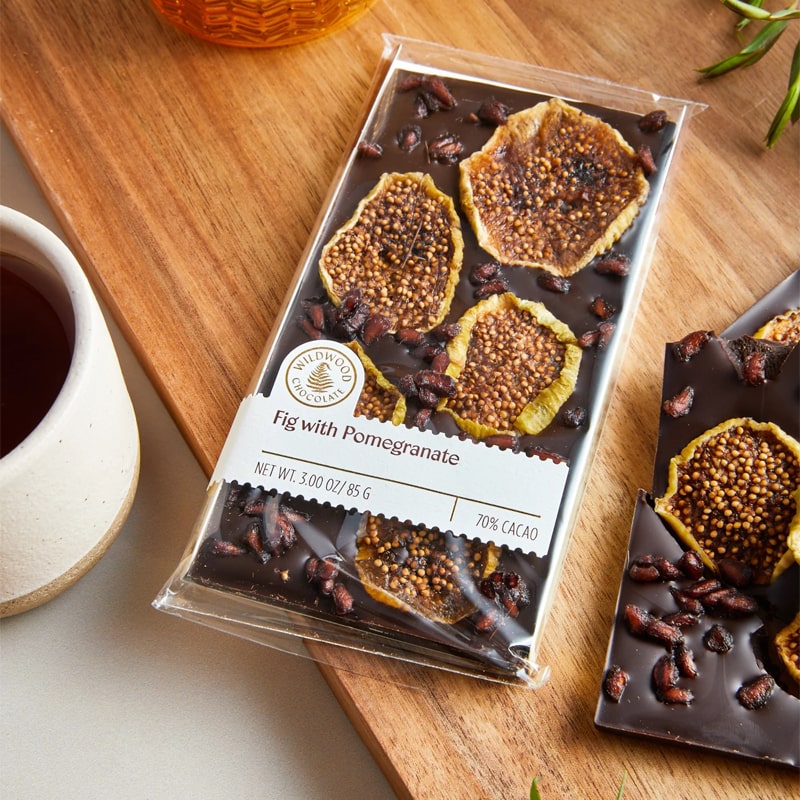 Wildwood Chocolate Limited Edition Fig with Pomegranate - Product shown on wood table