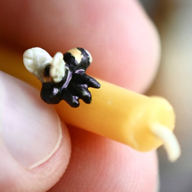 Camp Hollow Beeswax Birthday Candle Set of 10 - close up of hand holding candle with a small bee