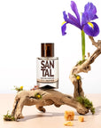 Solinotes Sandalwood Eau de Parfum - lifestyle photo of bottle on branch with flowers