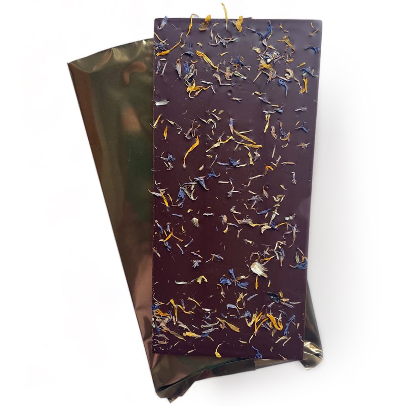 The Quiet Botanist Wildflower Dream Chocolate Bar - Product shown next to inner wrapper