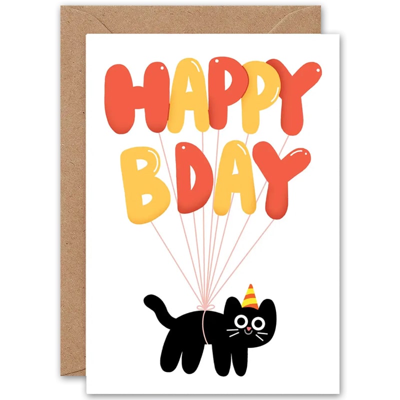 Wrap Happy Birthday Cat Balloons Greeting Card