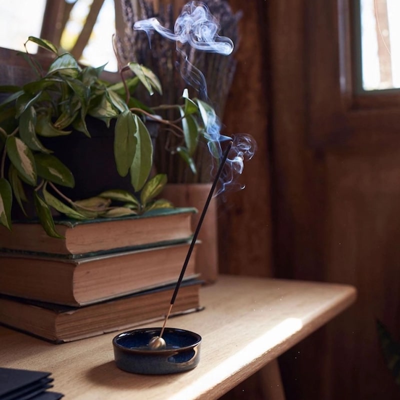 Province Apothecary Lunar Incense Holder - Product displayed on table with burning incense