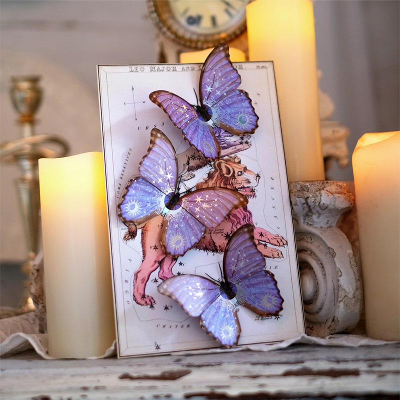 Moth & Myth Celestial Beings Morpho Paper Butterfly Set - Product shown with candles
