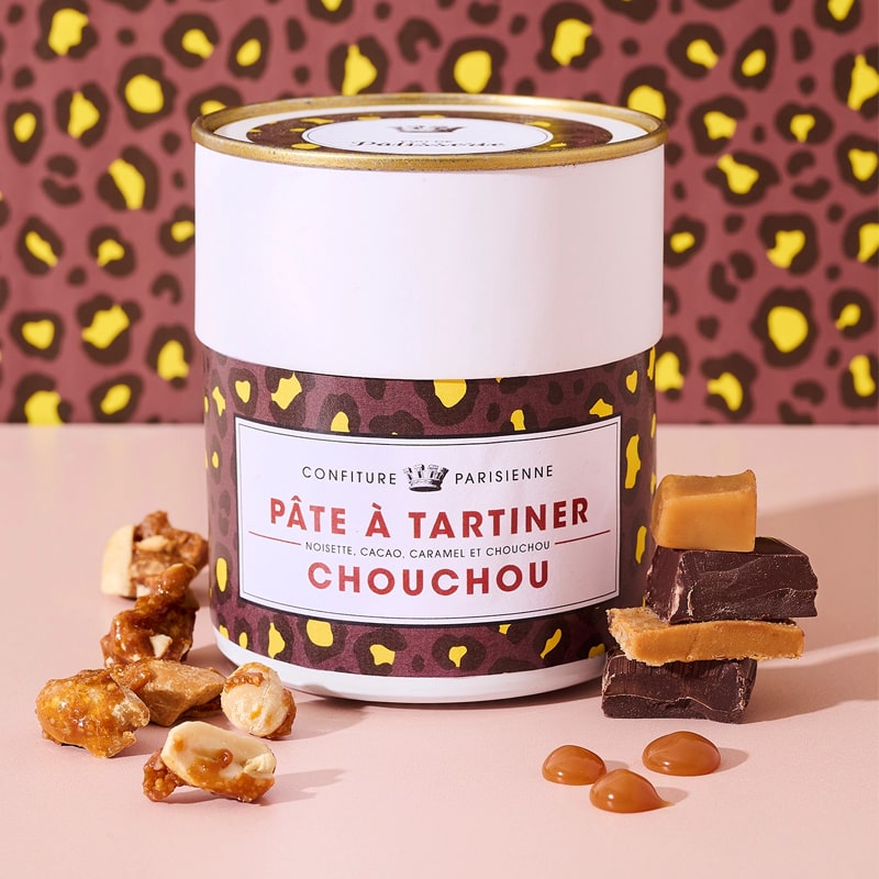 Confiture Parisienne Pate a Tartiner Chouchou- Product shown on leopard background