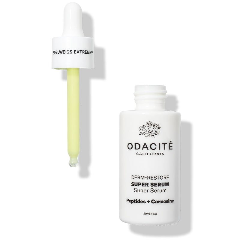 Odacite Edelweiss Extreme™ Derm-Restore Super Serum - product shown with dropper filled with serum and open bottle