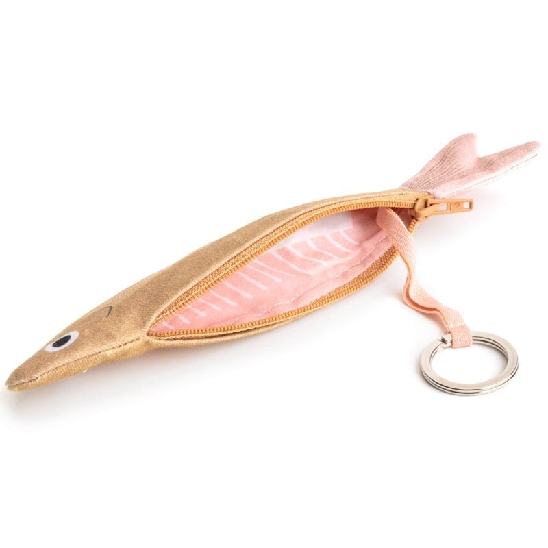 Don Fisher Golden Anchovy Keychain Purse - product shown unzipped with keychain out
