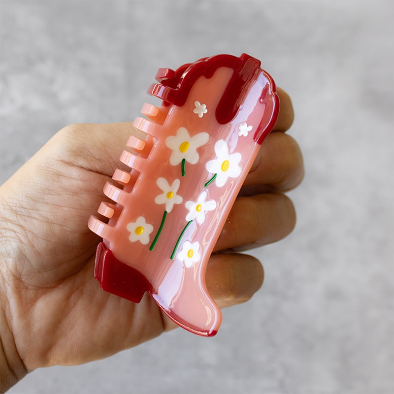 Tiepology Eco Daisy Flower Cowboy Boots Hair Claw Clip - Raspberry Jam - Product shown in models hand