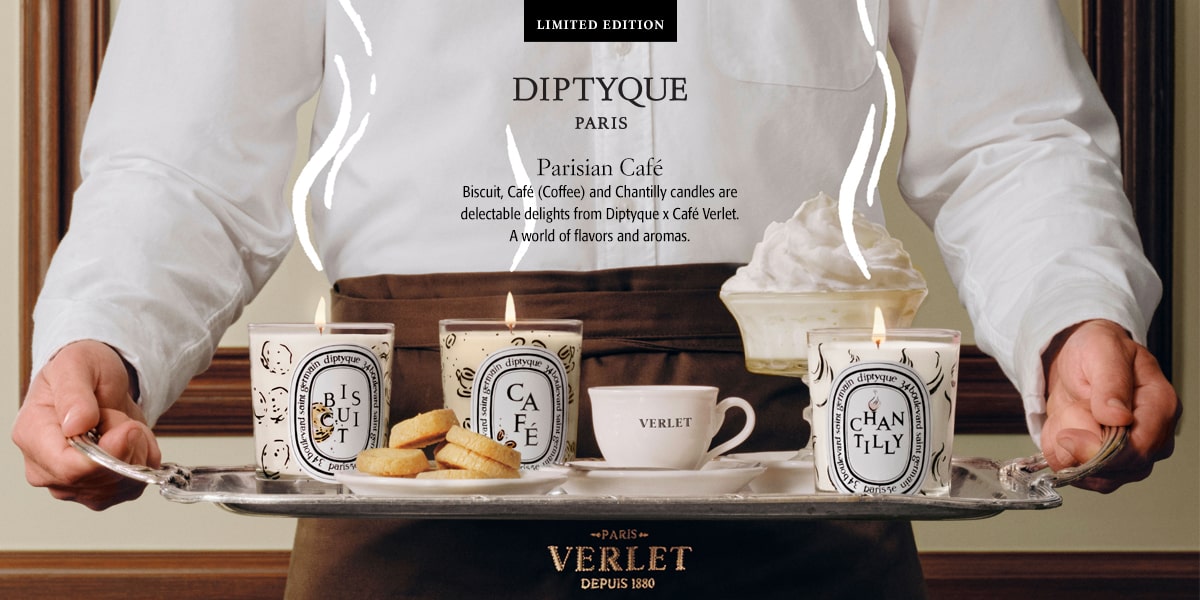 Diptyque Paris - Limited Edition Parisian Café Biscuit, Café (Coffee) and Chantilly candles are delectable delights from Diptyque x Café Verlet. A world of flavors and aromas.