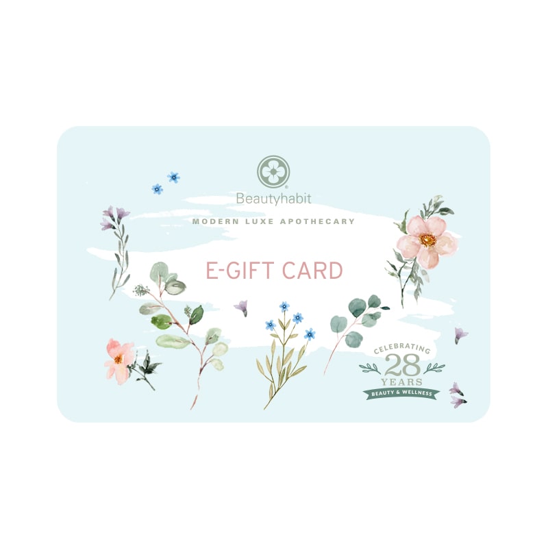 Beautyhabit E-Gift Card with seasonal art - with Celebrating 28 Years of Beauty &amp; Wellness logo