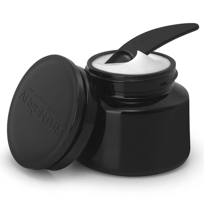 Argentum Apothecary La Potion Infinie Hydrating Cream 2.46 oz opened with black small spatula in cream