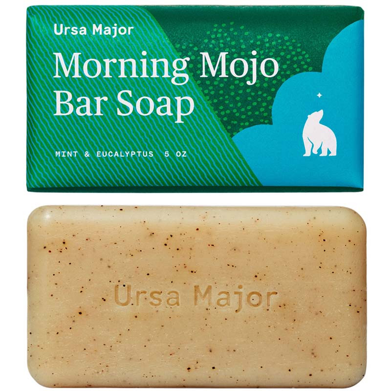 Ursa Major Morning Mojo Bar Soap (5 oz) shown wrapped and unwrapped
