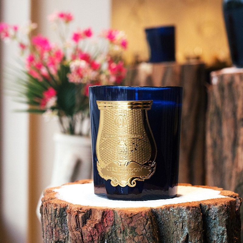 Cire Trudon Salta Candle lifestyle shot on tree stump with flowers in the background