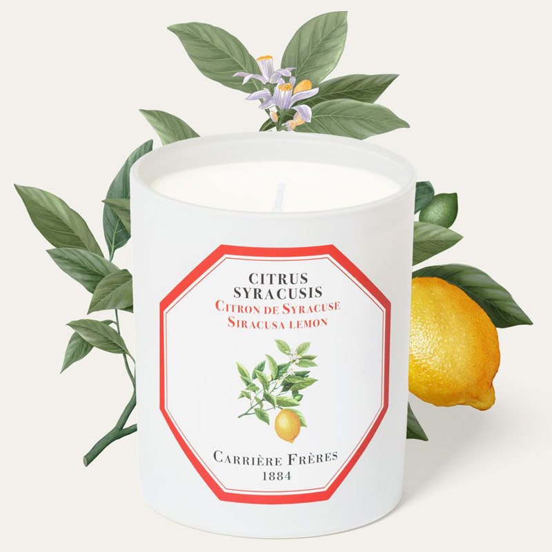 Carriere Freres Siracusa Lemon Candle (185 g) with lemon illustration behind candle