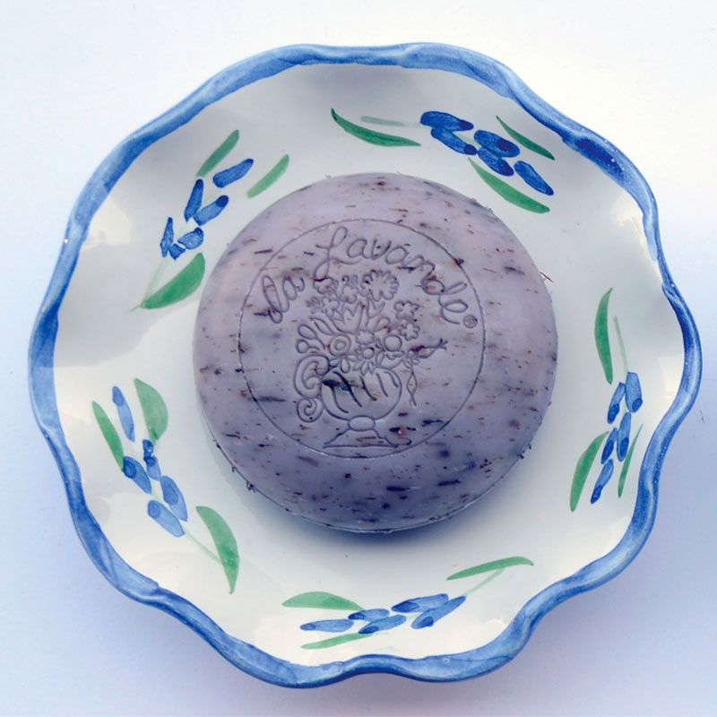 La Lavande Handmade and Handpainted French Round Soap Dish - Lavender - soap on dish