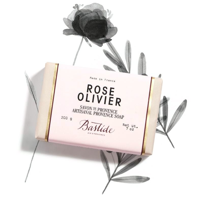 Bastide Rose Olivier Provence Soap with rose ingredient illustrated in background