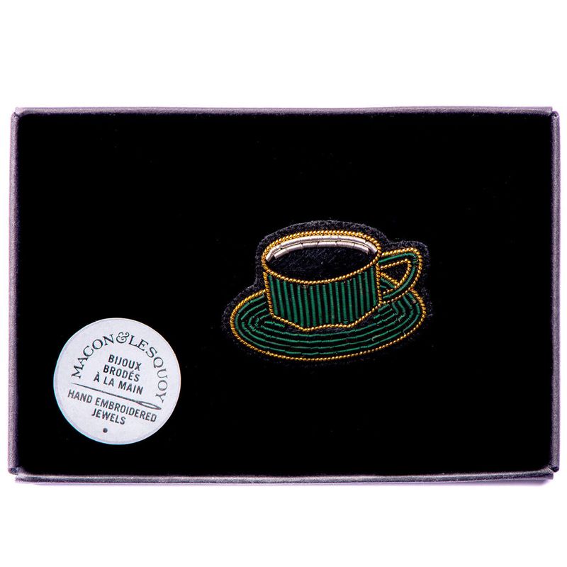 Macon &amp; Lesquoy Hand Embroidered Cup of Coffee Pin in box