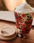 Mimi & August Hello Floral Cafe Yo - Bamboo Reusable Cup beauty shot with lid off and Whipped foam drink