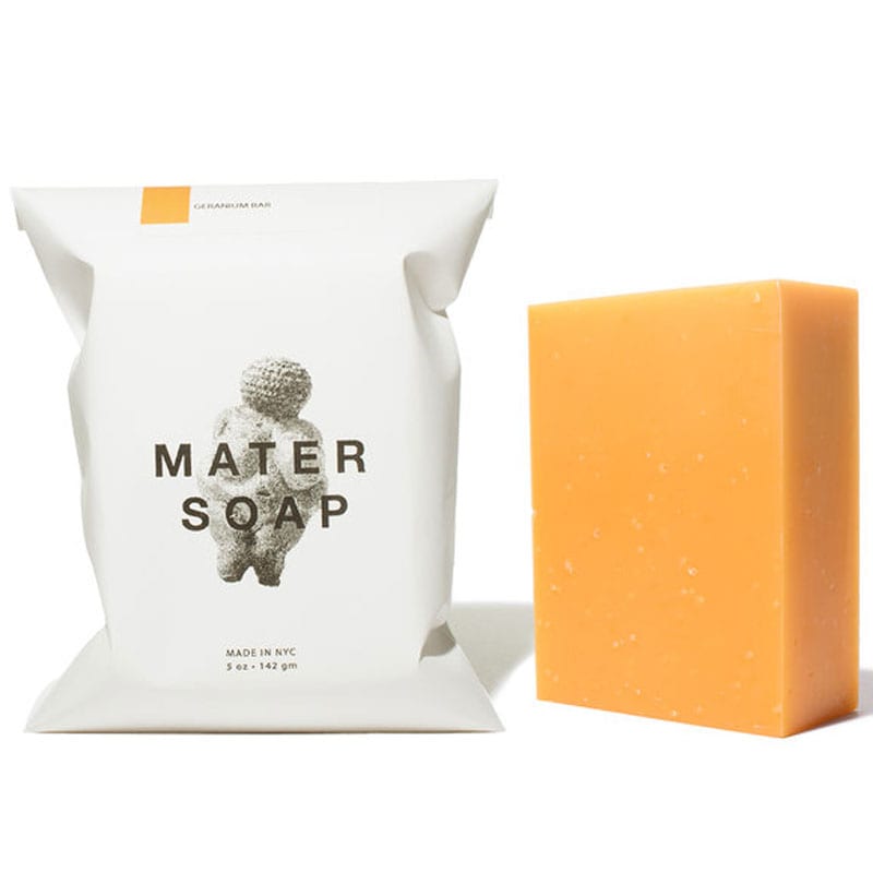 Mater Soap Geranium Bar Soap beside packaging