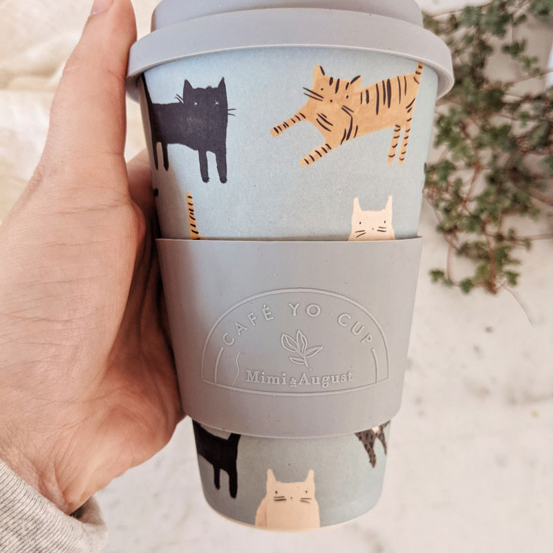Mimi &amp; August Les Chats Cafe Yo - Bamboo Reusable Cup - Gray - pattern close-up