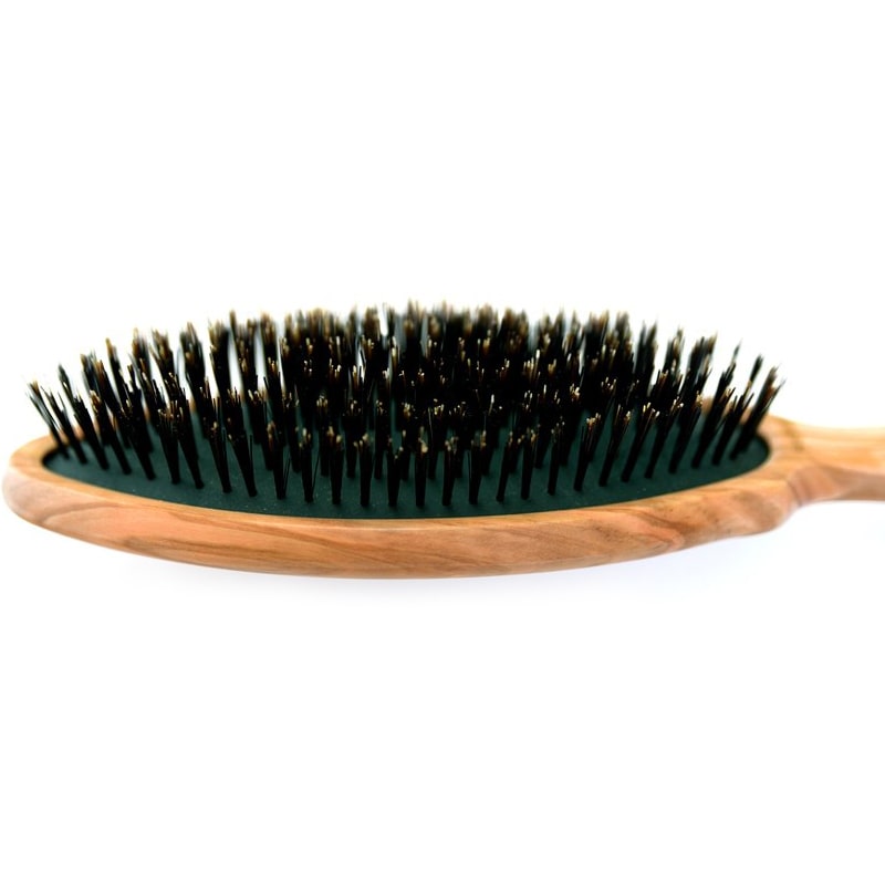 Shoji Works Olive Wood Cushion Hairbrush - showing close-up of brush head