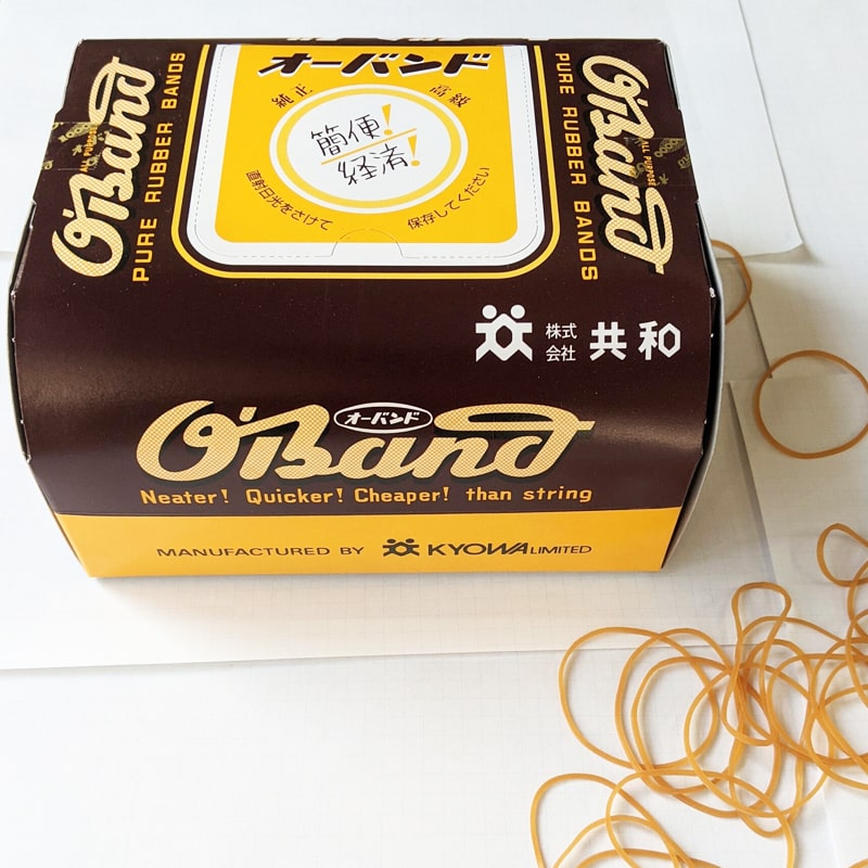 Kyowa Classic O’Band Rubber Bands Rounded Box with some of the rubber bands outside the box
