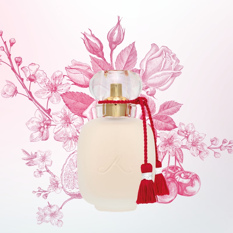 Les Parfums de Rosine Rose Griotte beauty shot with floral illustration in background