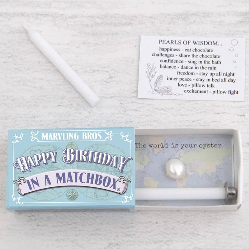 Marvling Bros Ltd Happy Birthday Pearl In A Matchbox showing open matchbox with sentiment card included (extra candle not included)