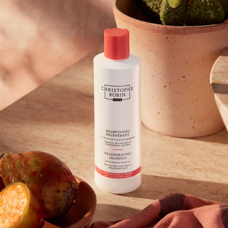 Christophe Robin Regenerating Shampoo with Prickly Pear Oil shown with ingredients