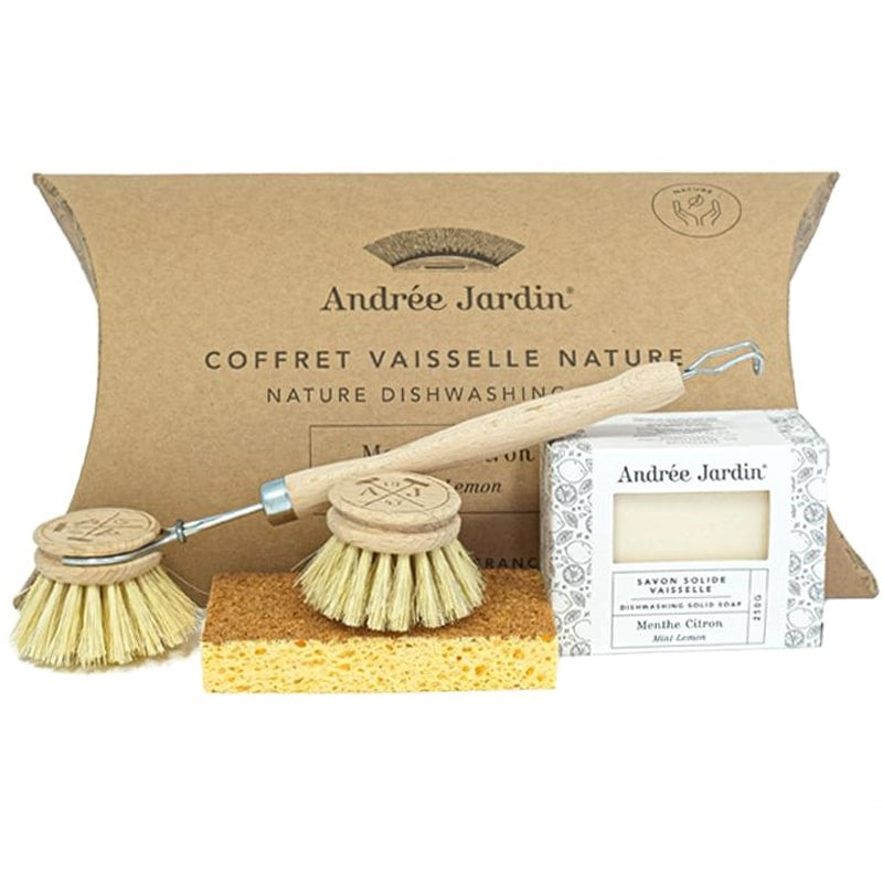 Andree Jardin Dish Washing Set – Mint & Citrus showing the packaging and products together