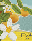 Lubin Eva Eau de Parfum artwork associated with the Fragrance has  fruit and white flowers by the seaside