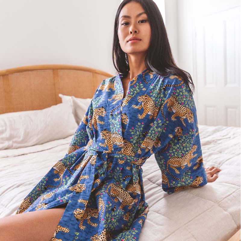 Printfresh Bagheera Robe – Sapphire shown on model sitting on bed