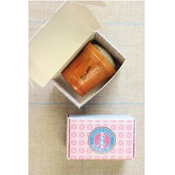 Sajou Wooden Pin Cushion – Natural Linen shown inside box and with closed box beside