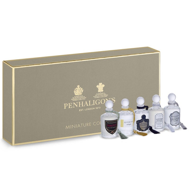 Penhaligon&#39;s Gentlemen&#39;s Fragrance Collection (5 x 5 ml) with bottles in front of box