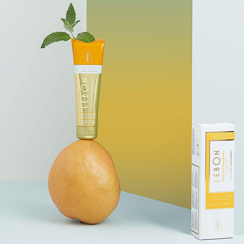 Lebon Back to Pampelonne – Mango + Mint Organic Toothpaste showing sitting on fruit with mint